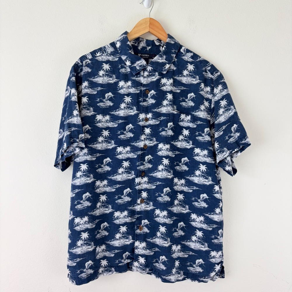 Cremieux Collection Mens Large Blue Linen Tropical Palm Tree Marlin Shirt Coast
